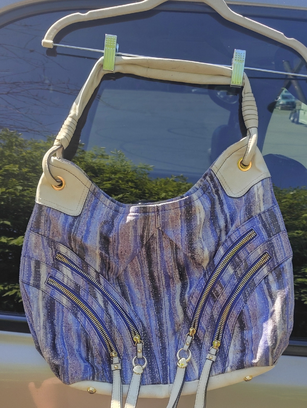 b. makowsky Blue Patterned Shoulder Bag with Cream Trim and Gold Hardware